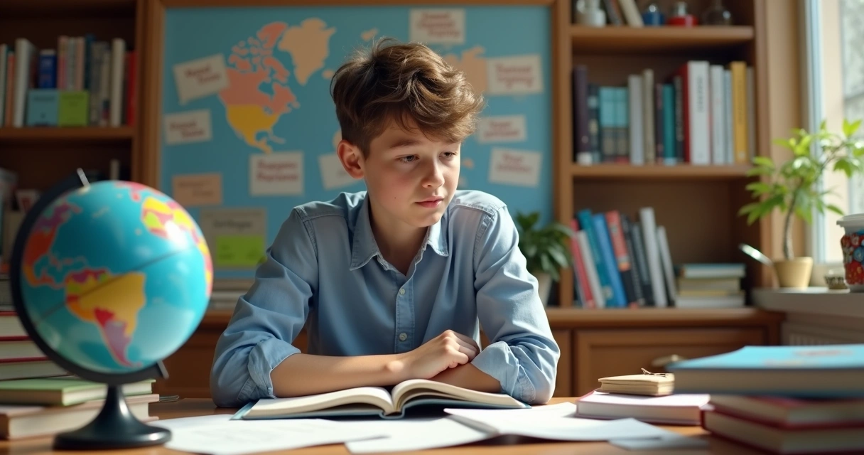 Jovem refletindo sobre escolha de carreira, com livros de diferentes áreas