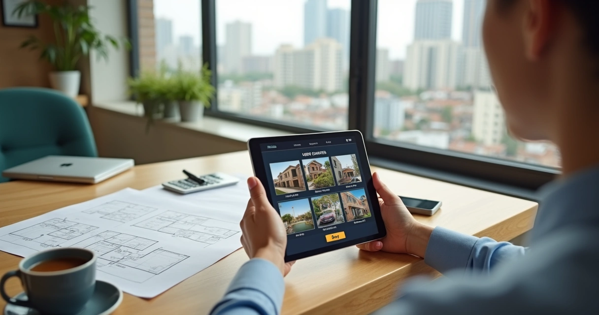 Jovem escolhe primeiro apartamento usando tablet em home office moderno 
