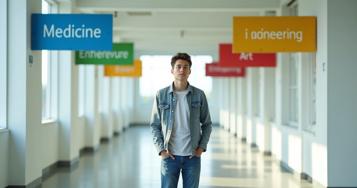 Jovem olhando diversas placas com profissões diferentes em um corredor iluminado 