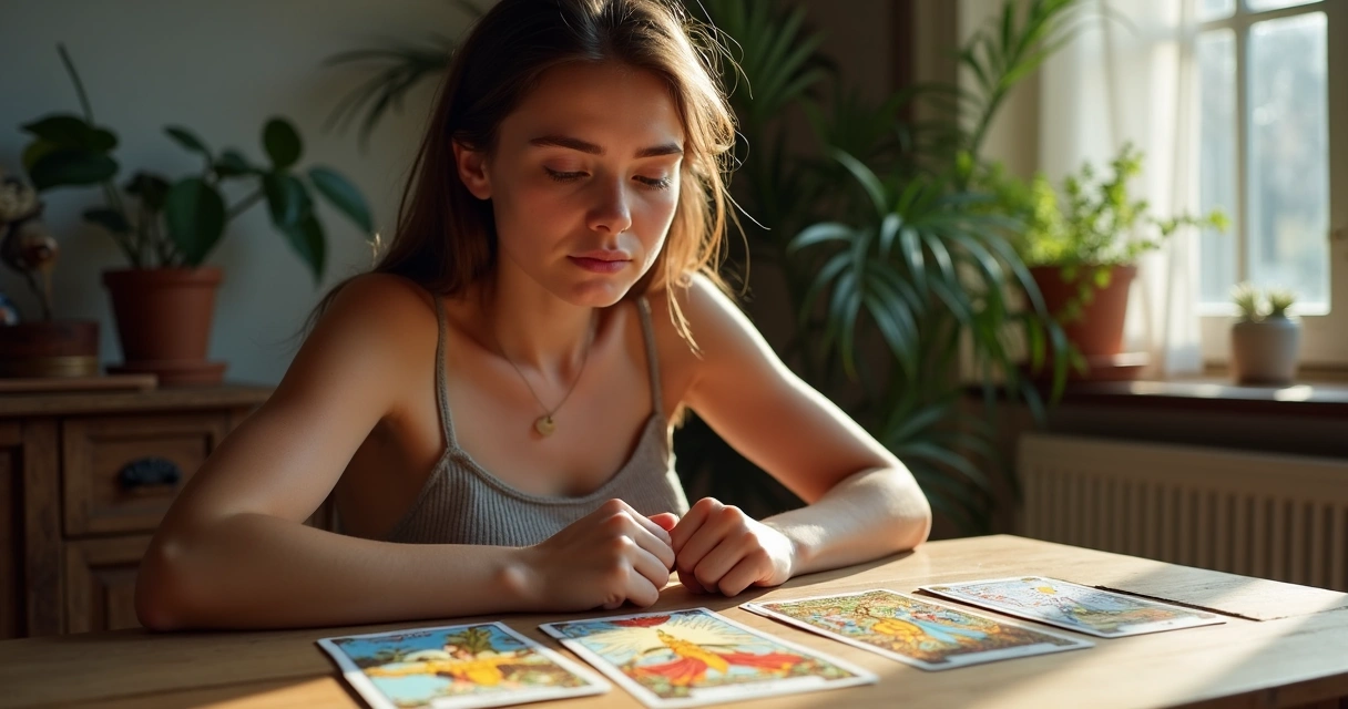 Pessoa jovem olhando cartas de tarot com expressão de dúvida 