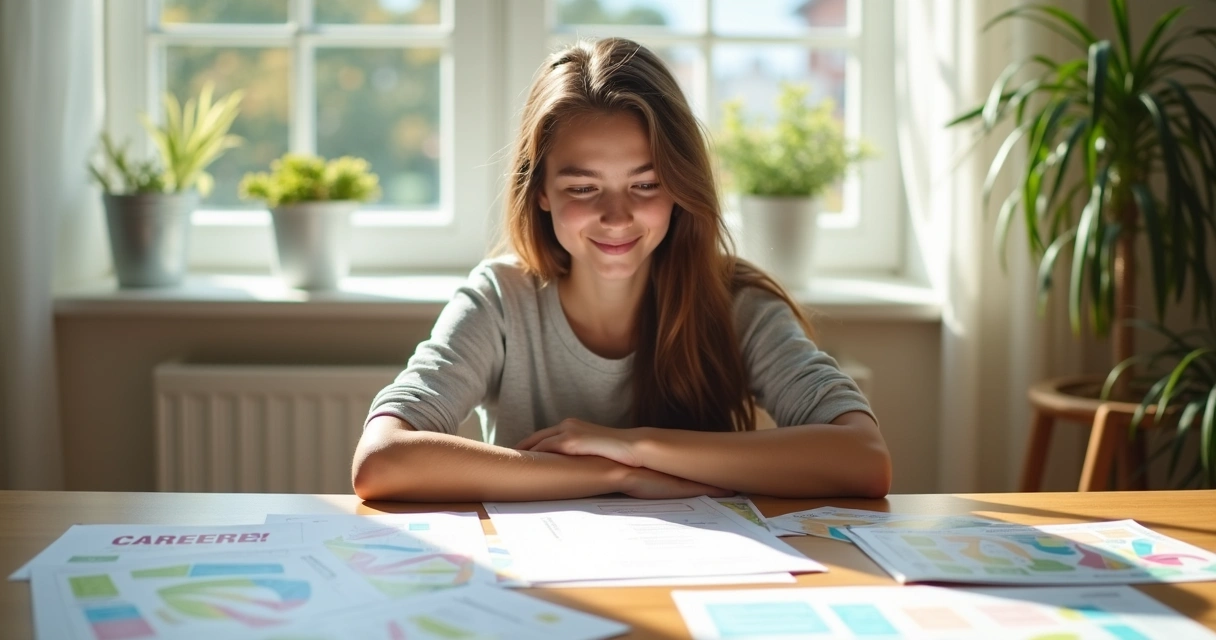 Jovem olhando alternativas de carreiras em uma sala iluminada