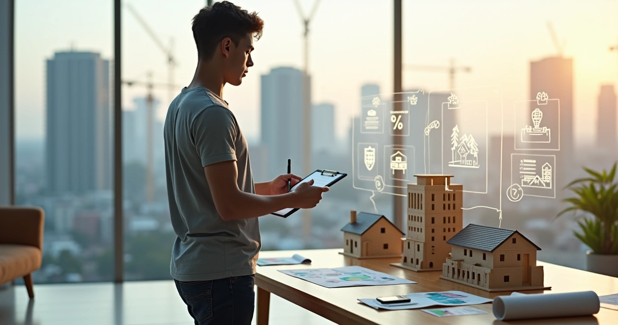 Jovem analisa alternativas de consórcio imobiliário diante de maquete de prédios 