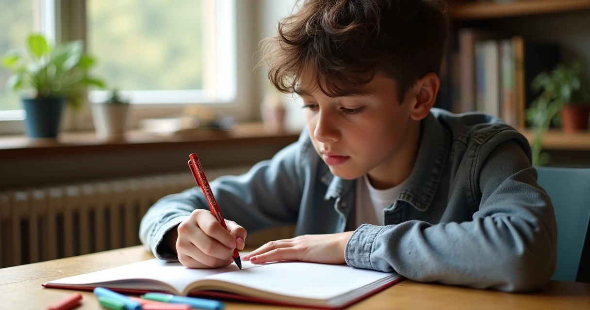 Jovem sentado escrevendo em um diário em uma mesa de madeira 