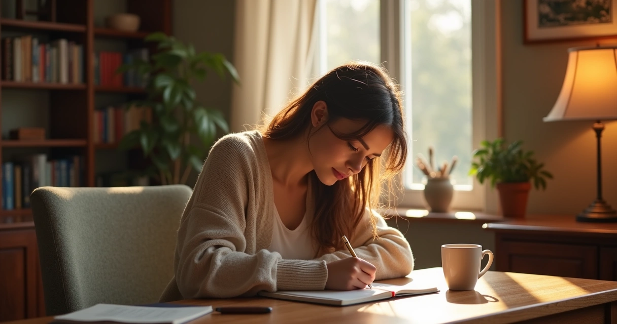 Pessoa sentada escrevendo pensamentos em caderno 