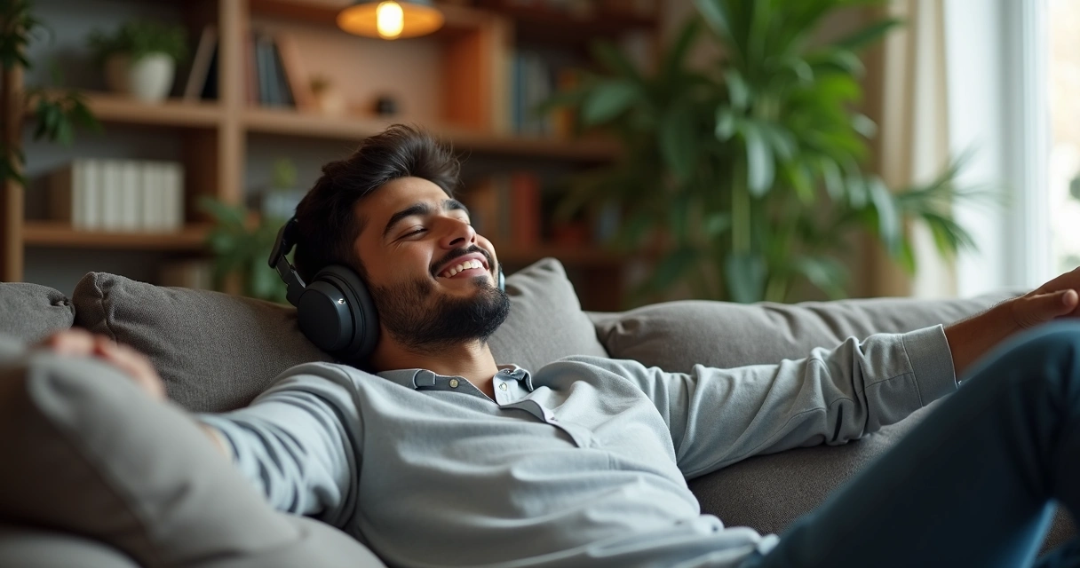Jovem sentado no sofá com fones de ouvido escutando música, expressão relaxada, ambiente aconchegante, luz suave ao fundo. 