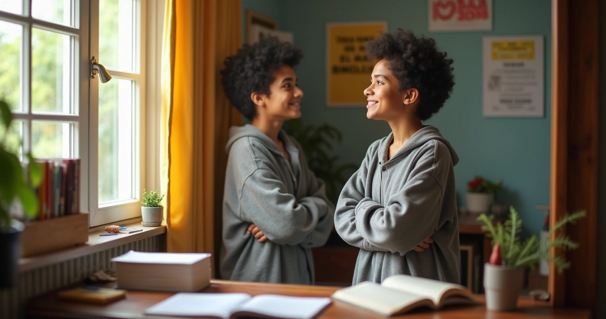 Estudante olhando para o espelho com livros ao redor 