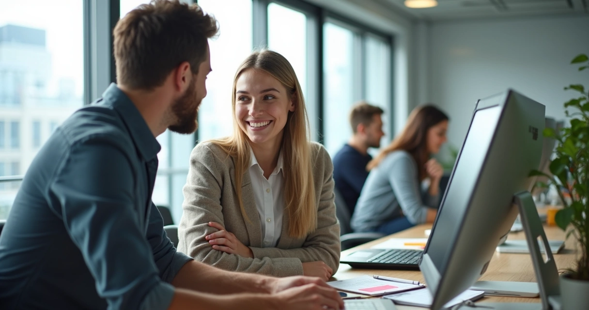 Jovem em ambiente de escritório moderno conversando com profissional experiente
