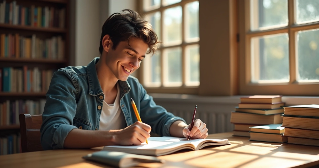 Jovem estudando sozinho e sorrindo ao revisar anotações em mesa de biblioteca 