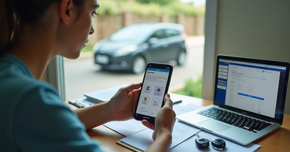 Jovem estudando para CNH em curso online no celular com documentos e carro ao fundo 
