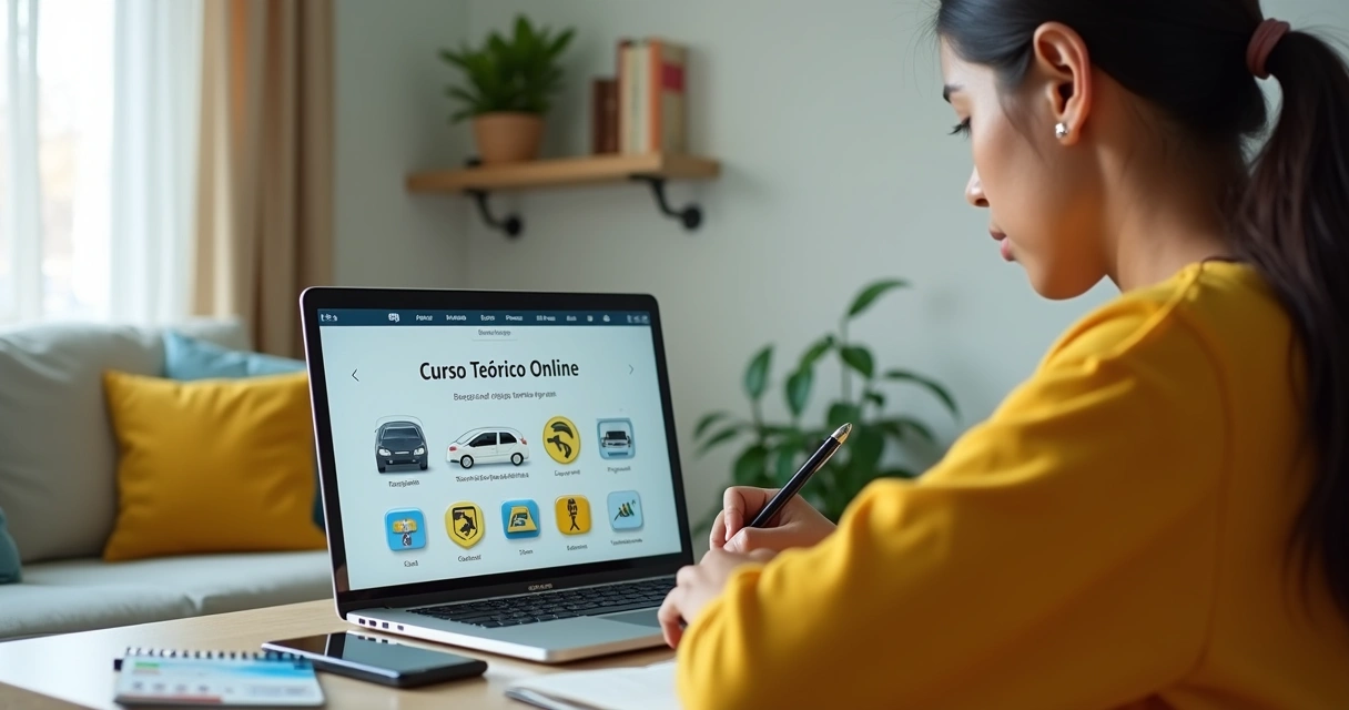 Jovem estudando curso teórico de CNH pelo notebook em casa 