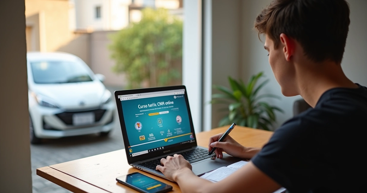 Jovem estudando para tirar CNH no notebook com carro estacionado ao fundo 