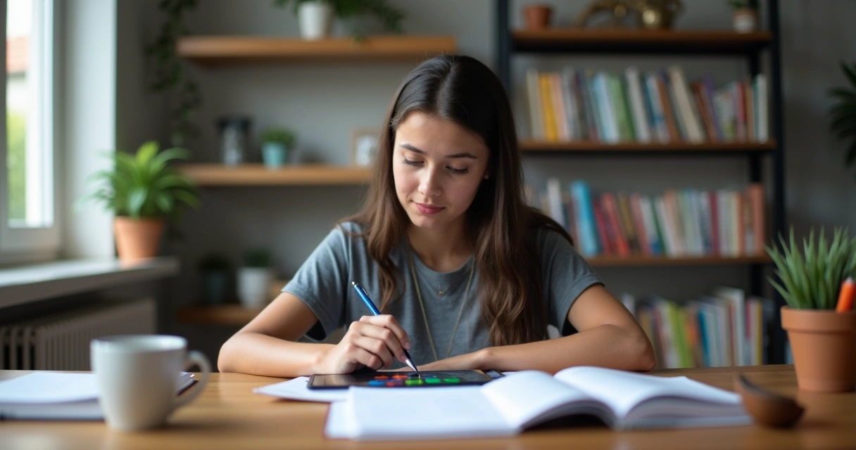 Jovem usando tablet para revisar conteúdo com anotações ao redor 