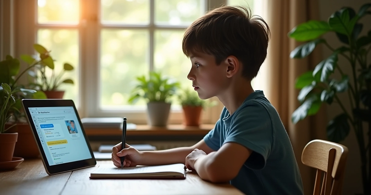 Jovem estudando em casa com tablet e caderno
