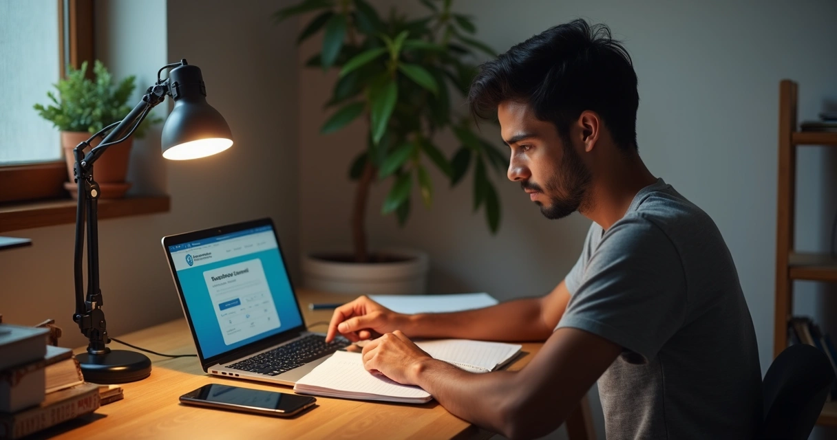 Jovem estuda para CNH online em notebook 