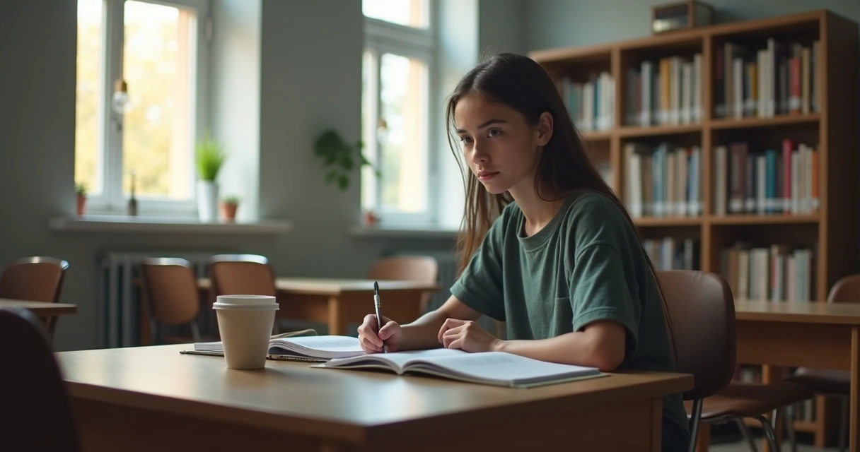 Jovem estudando sozinho em uma mesa organizada 