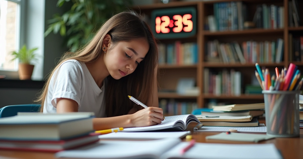 Jovem estudando com livros e anotações na mesa 
