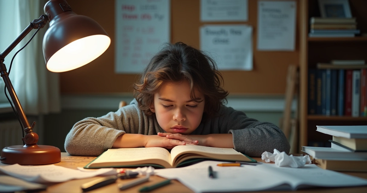 Jovem com expressão cansada estudando em uma mesa cheia de livros e anotações 