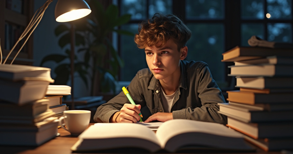 Estudante sentado à mesa de estudos cercado por livros e cadernos 