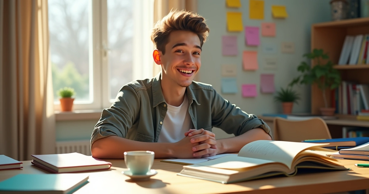 Jovem estudante motivado sentado à mesa de estudos, sorrindo para seus cadernos e livros