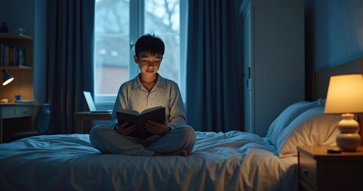 Estudante jovem sentado na cama lendo um livro