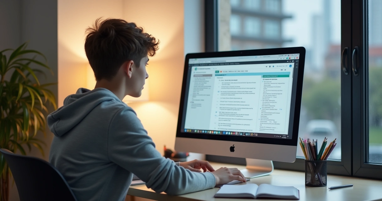 Jovem em ambiente de estudo concentrado em computador, anotações ao lado