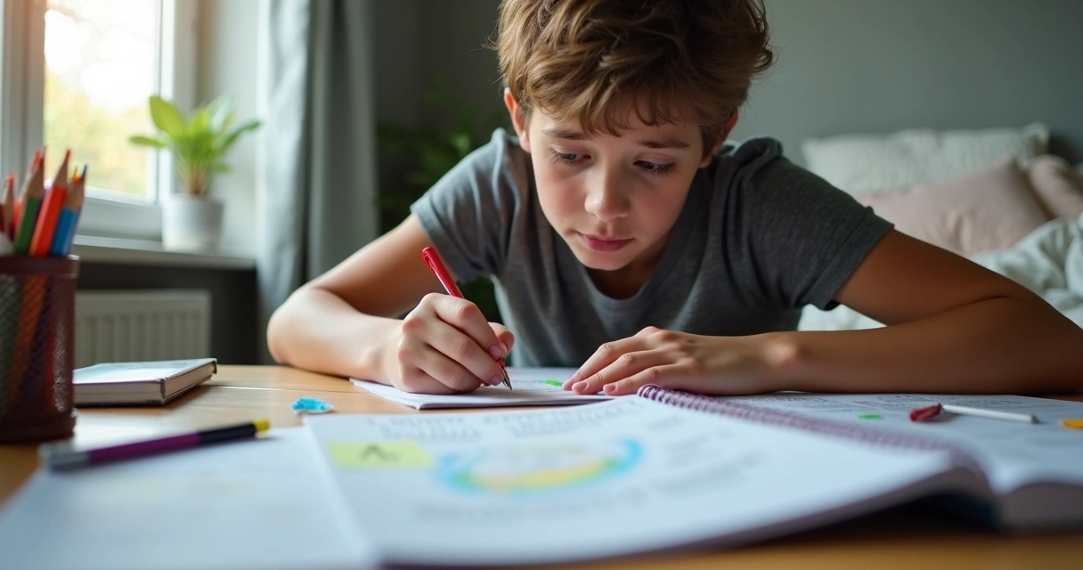 Jovem estudando concentrado em um caderno com apostilas ao lado