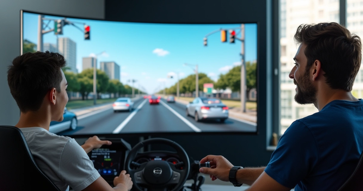 Jovem usando simulador de direção com instrutor, tela mostrando ambiente de cidade movimentada 