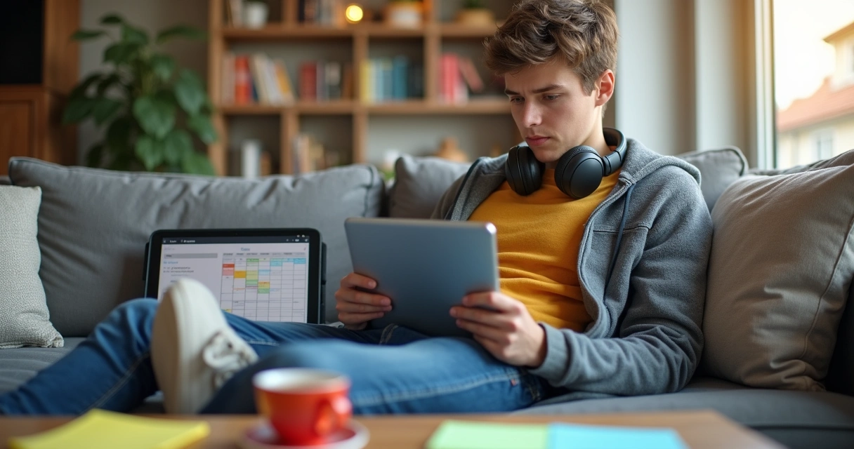 Jovem estudando no sofá com tablet no colo