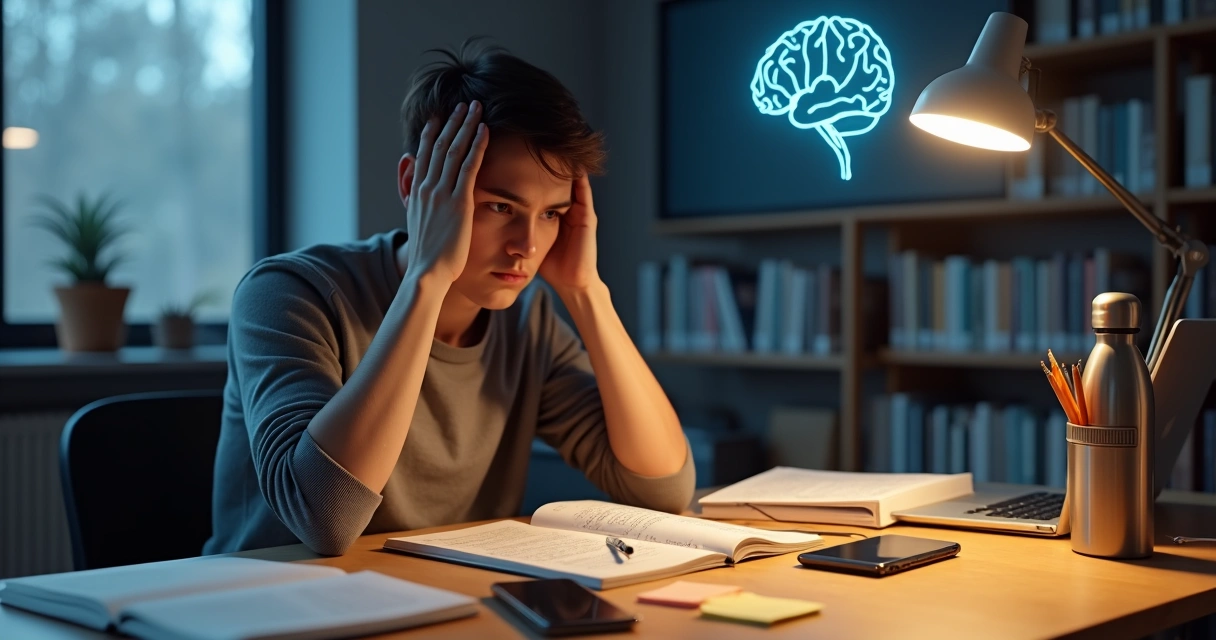 Jovem estudando com dificuldade de concentração rodeado de anotações. 
