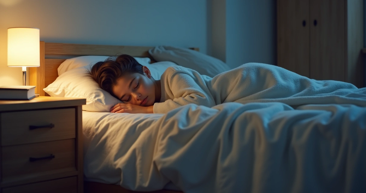 Jovem estudante dormindo profundamente em quarto organizado 