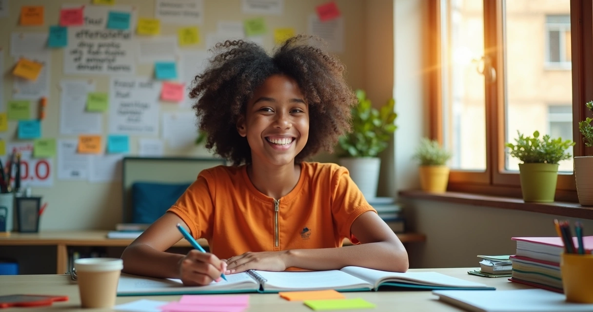 Jovem estudante sorrindo ao olhar para cadernos e livros 