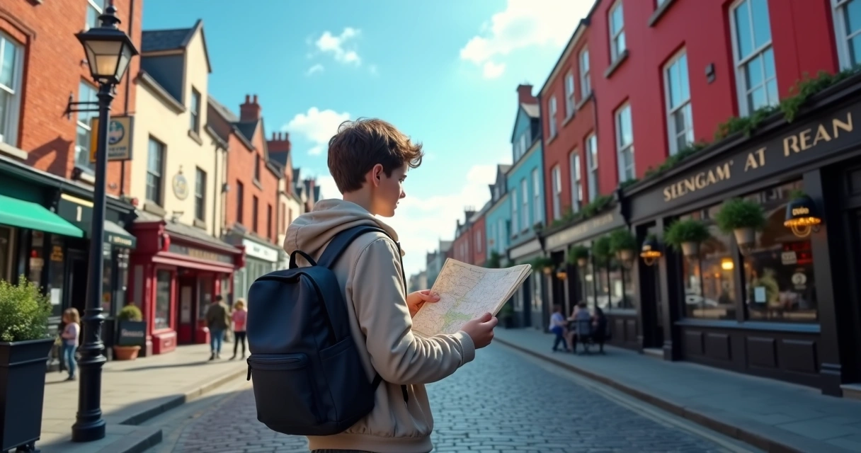 Jovem estudante com mochila olhando mapa na rua de Dublin com edifícios históricos ao fundo, céu azul 
