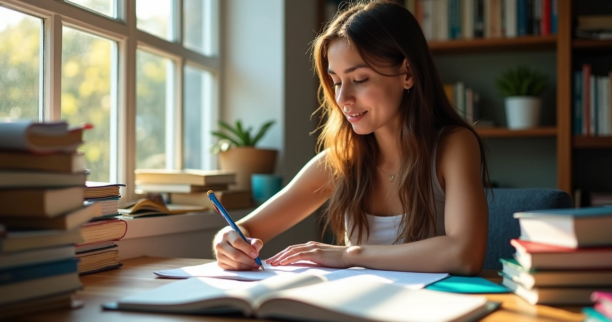 Jovem concentrado revisando caderno de anotações sobre a mesa 