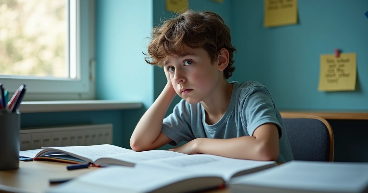 Jovem sentado à mesa de estudos, com livros abertos, expressão pensativa e leve ansiedade no olhar.