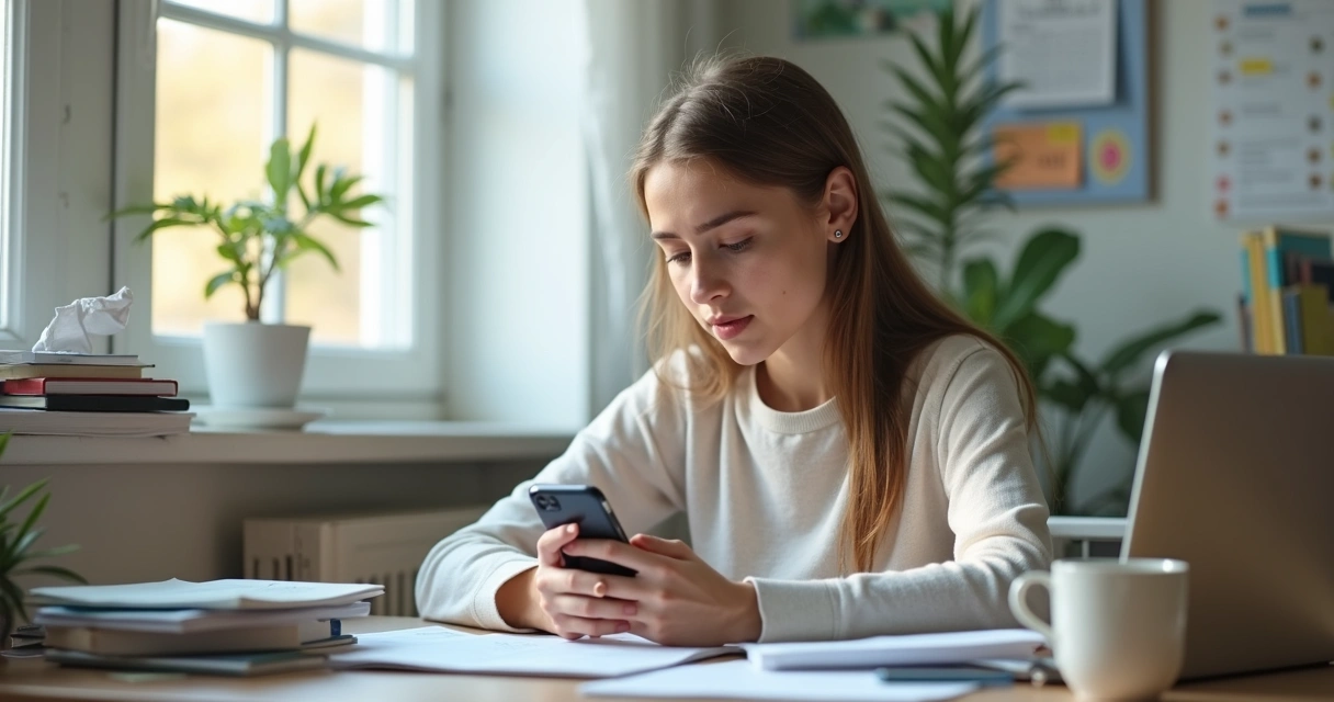 Jovem olhando para celular ao lado de notebook e livros 
