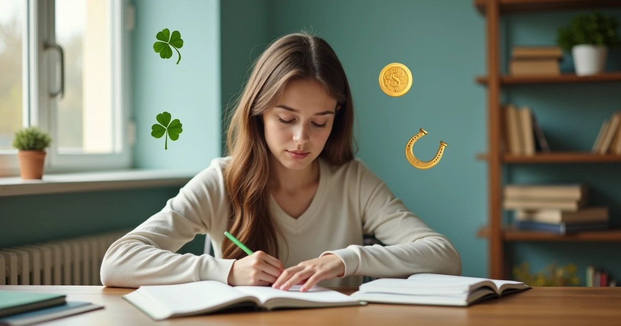 Jovem estudante sentada sorrindo em mesa com livros abertos e símbolos de sorte 