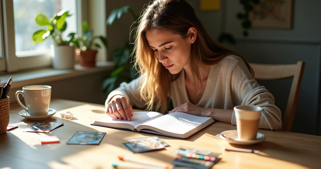 Jovem estudando com cartas de tarot e cadernos sobre a mesa 