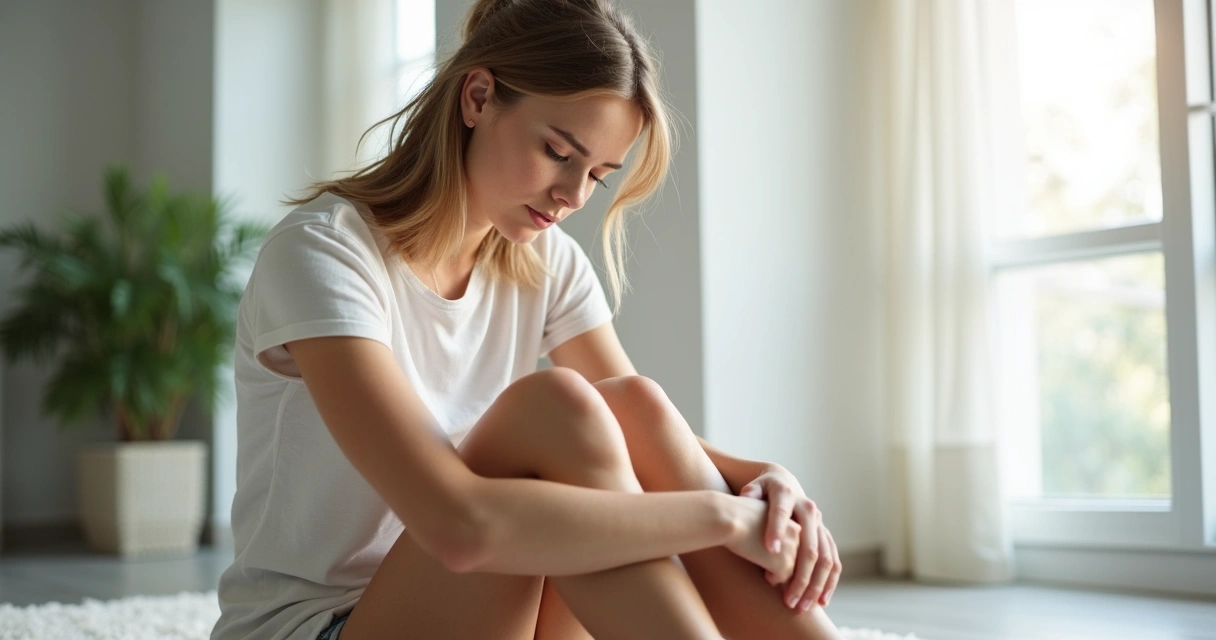 Mulher jovem de pele clara sentada em uma sala iluminada, olhando para suas pernas e veias aparentes. 