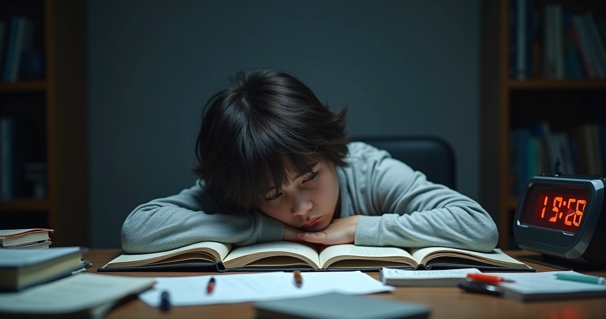 Jovem debruçado sobre livros com expressão cansada em mesa de estudo