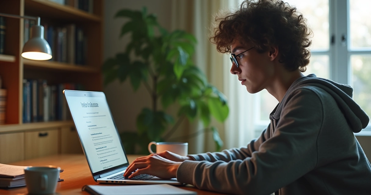 Jovem sentado com notebook aberto, pesquisando planos de saúde online em cenário doméstico, com celular e caderno sobre a mesa. 