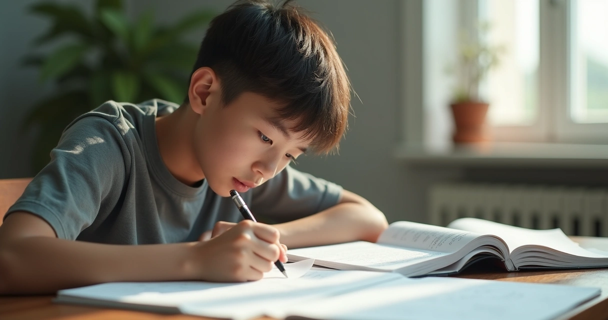 Jovem escrevendo redação em caderno durante os estudos.