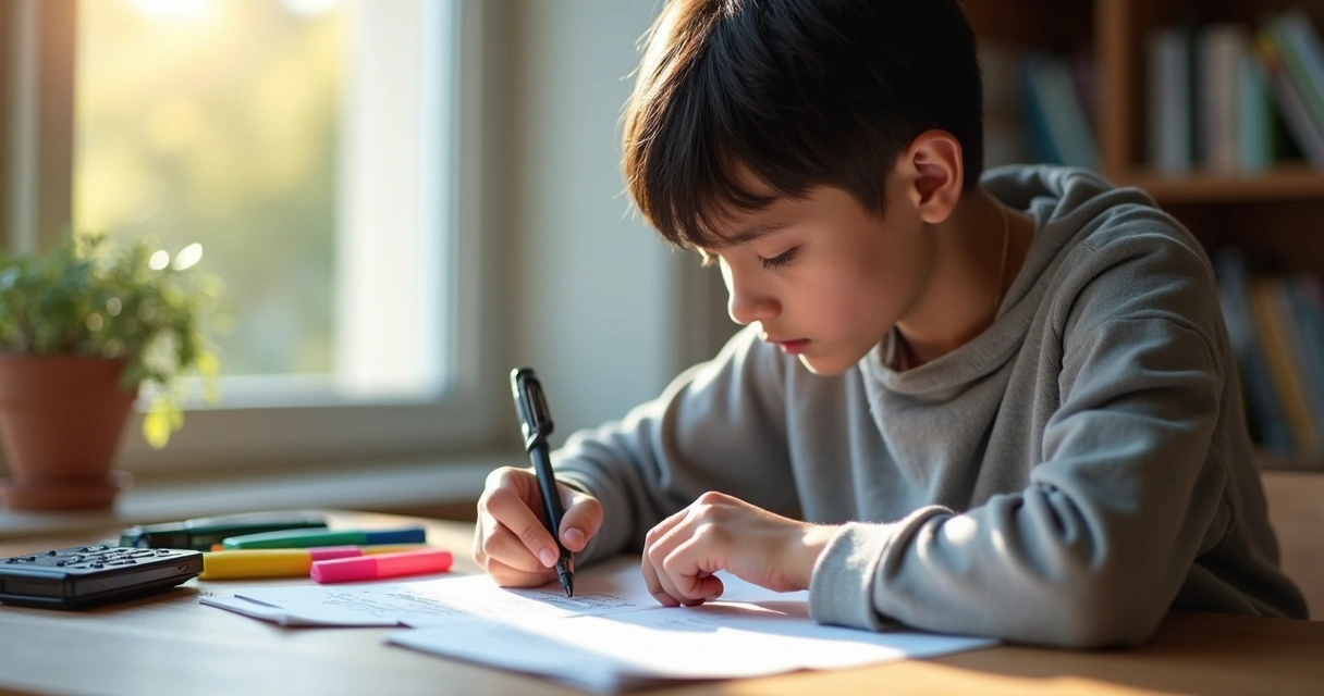Estudante realizando simulado com caderno e caneta em mesa de estudo 