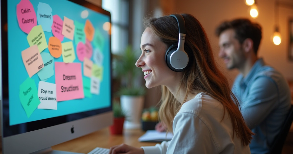 Jovem sorrindo estudando online ambiente iluminado moderno 