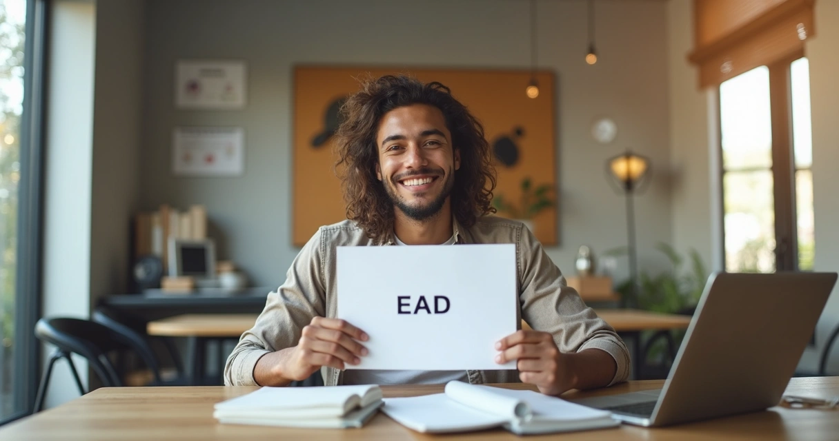 Jovem segurando diploma EAD com sorriso no rosto, fundo de sala de estudos 