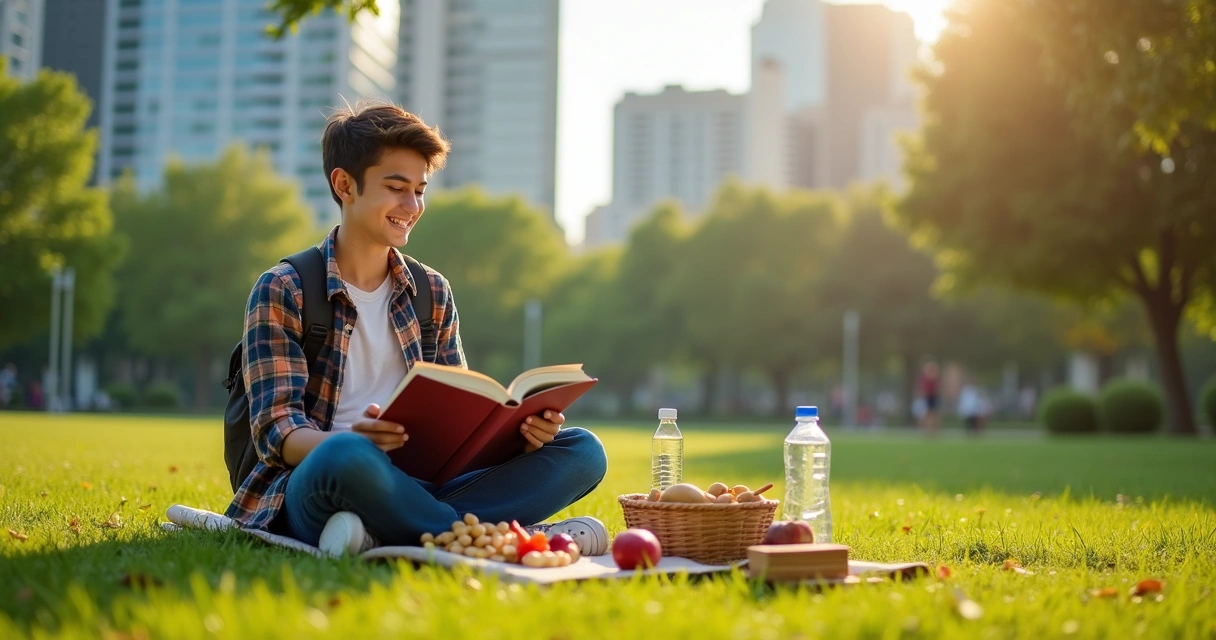 Jovem estudando ao ar livre com lanche saudável