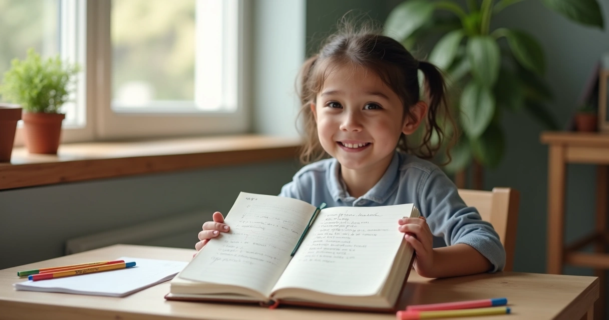 Jovem sorrindo segurando um diário de conquistas 