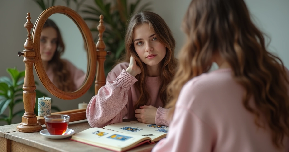 Jovem mulher sentada refletindo olhando cartas de tarot 
