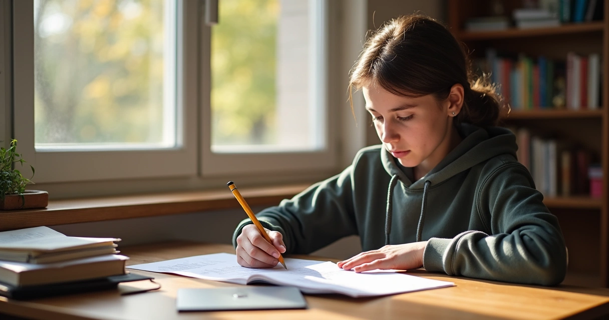 Jovem estudando com foco em ambiente claro