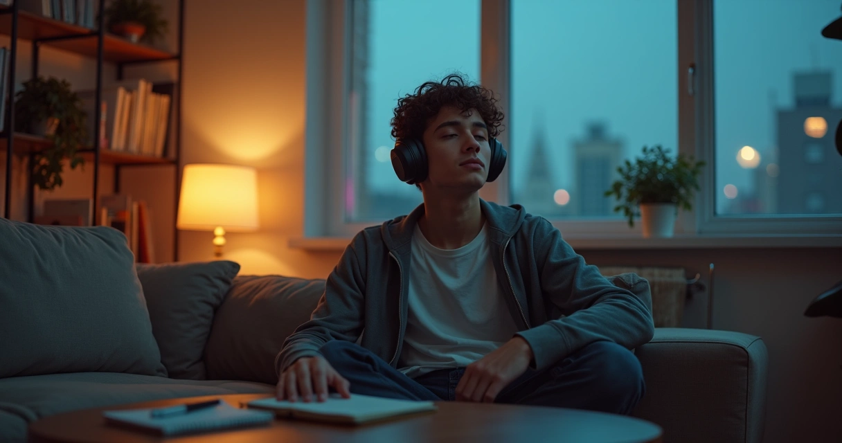 Pessoa ouvindo música com fones rodeada por cores representando emoções 