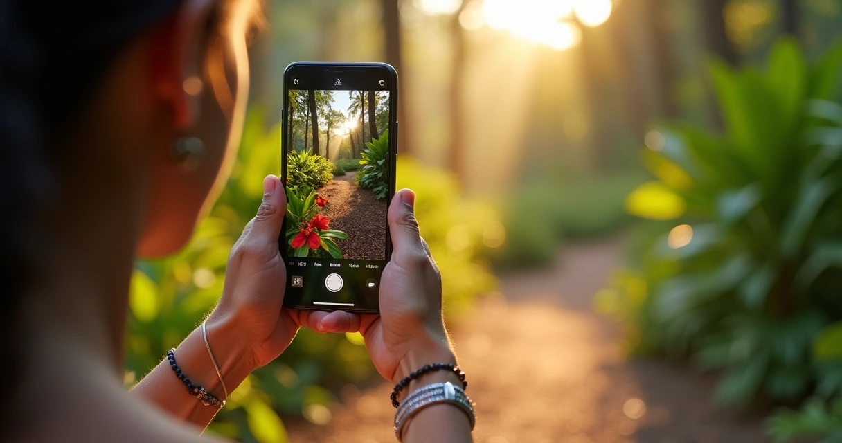 Pessoa fotografando flores tropicais com celular em parque verde 